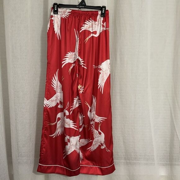DALIA MACPHEE M & L Red White Satin Ibis Bird Print Long Sleeve Long Pant PJ Set - Picture 11 of 16